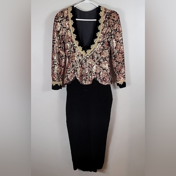 Vintage 80s Edwardian Victorian Goth Dress Size 6 Steam Punk Velvet Cosplay Gold - Picture 8 of 16